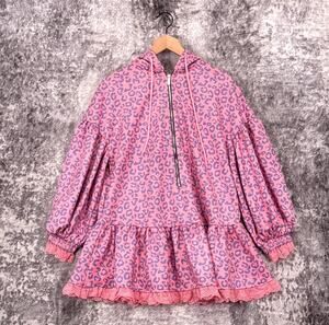 New OYROSY Dress XS Womens Pink Leopard Hoodie Mini Lace Trim